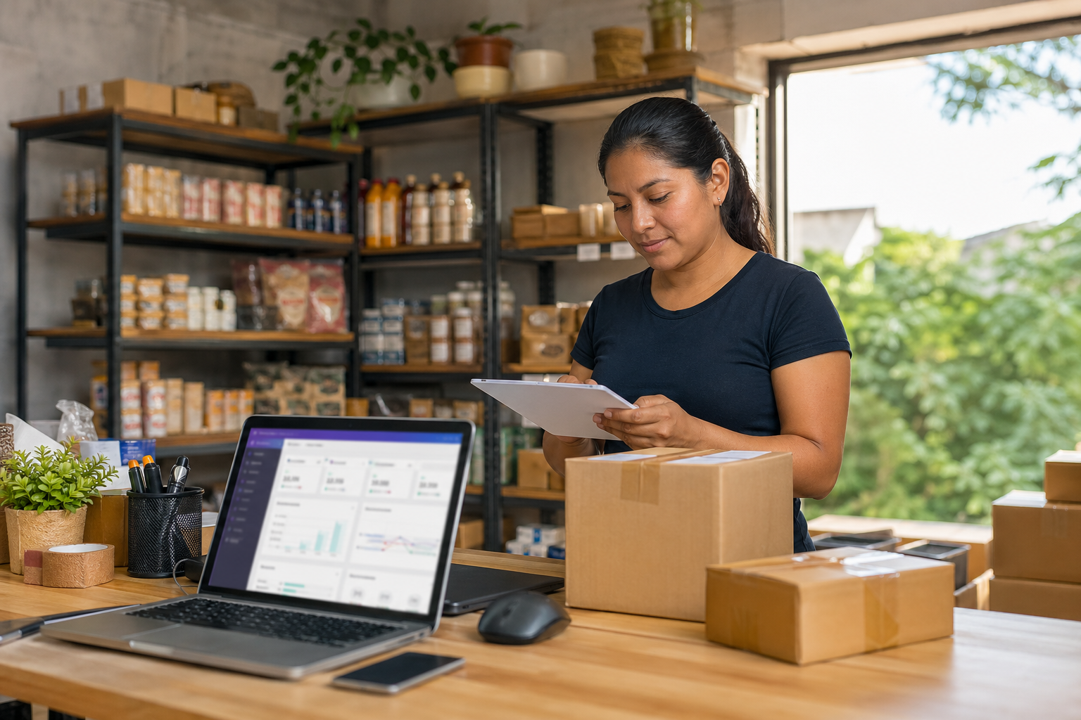 Small business ecommerce workspace with laptop, shipping boxes, and inventory shelves representing WooCommerce maintenance planning