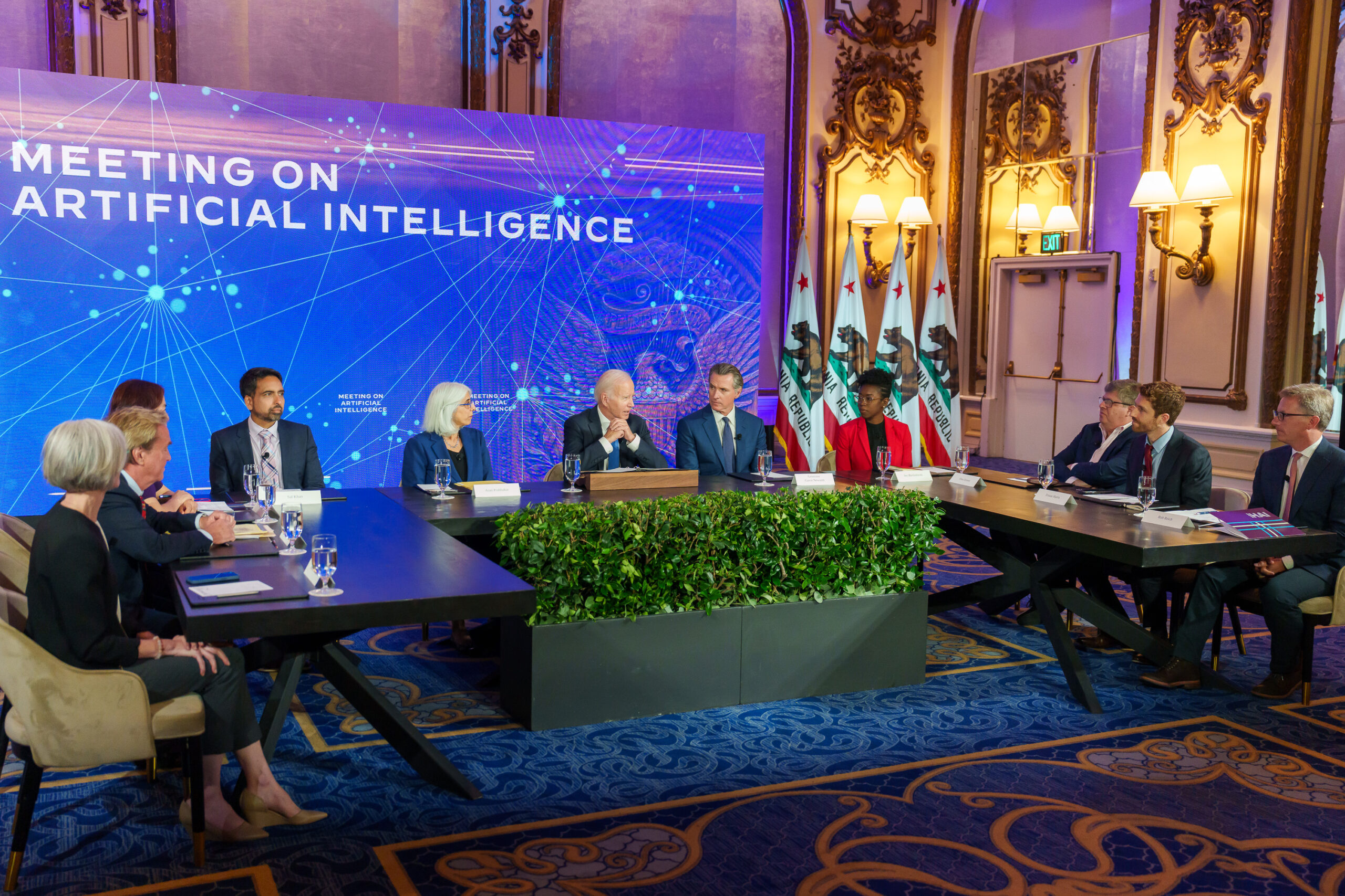 Leaders discussing artificial intelligence strategy at a formal meeting table