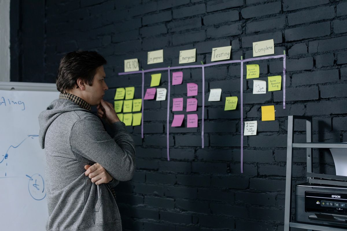 Product planning board for a mobile app MVP with tasks for design, development, and testing