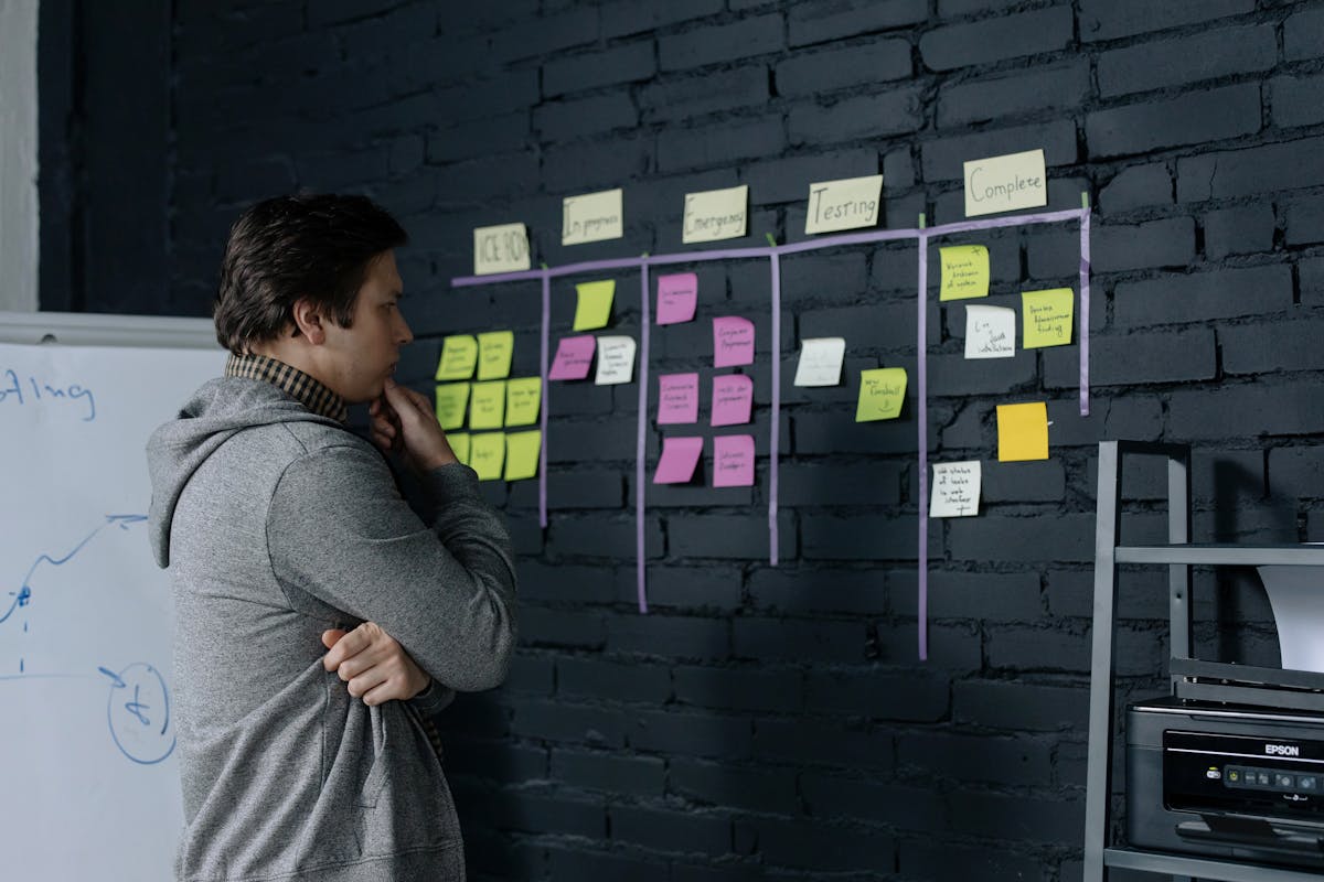 Product planning board for a mobile app MVP with tasks for design, development, and testing