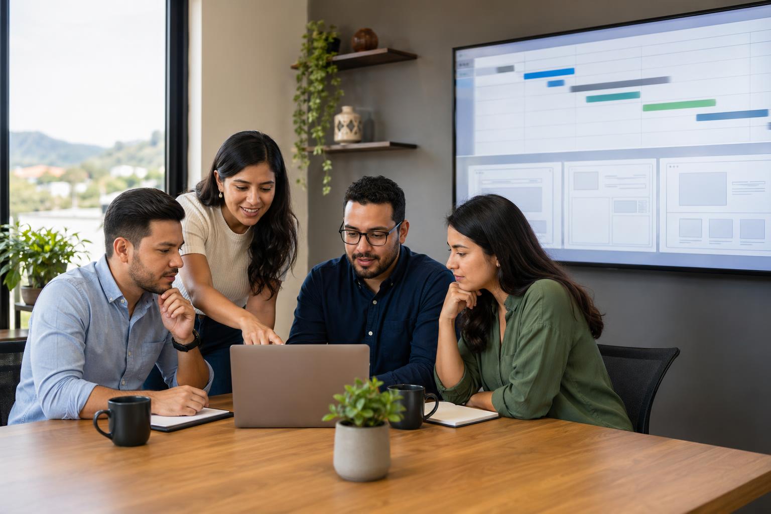Small business team reviewing a website development timeline on a laptop in a modern office