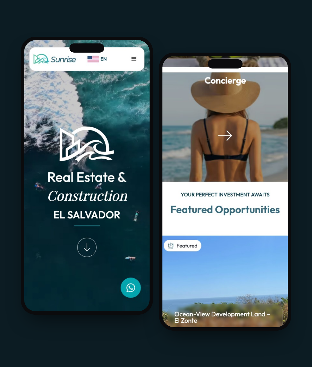 Sunrise Discovery property platform built by Le Website Tech, shown on two phones