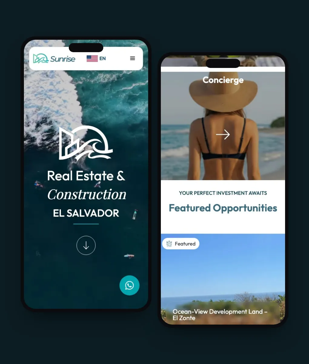 Sunrise Discovery property platform built by Le Website Tech, shown on two phones