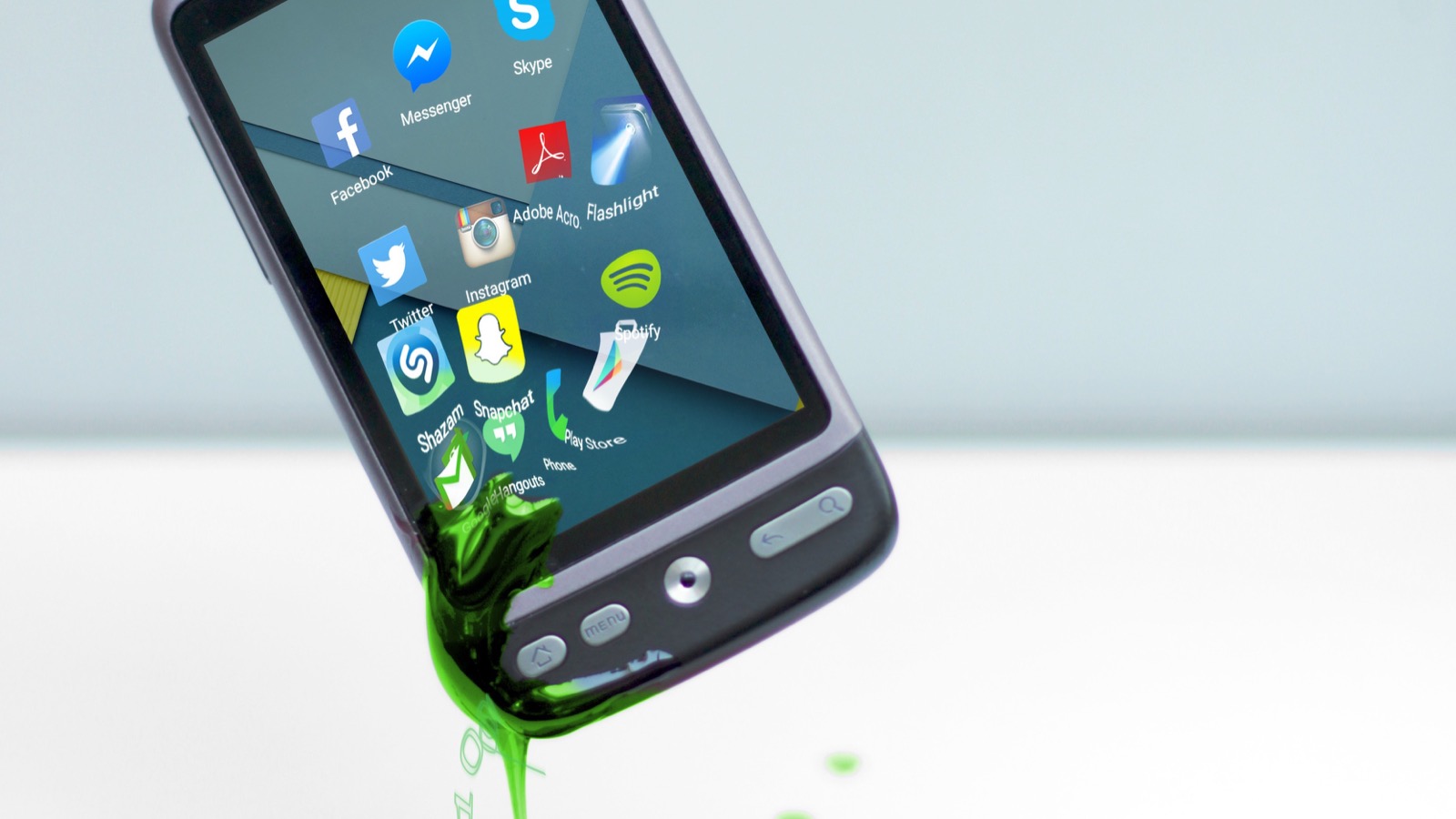 Smartphone appearing to leak green liquid beneath app icons