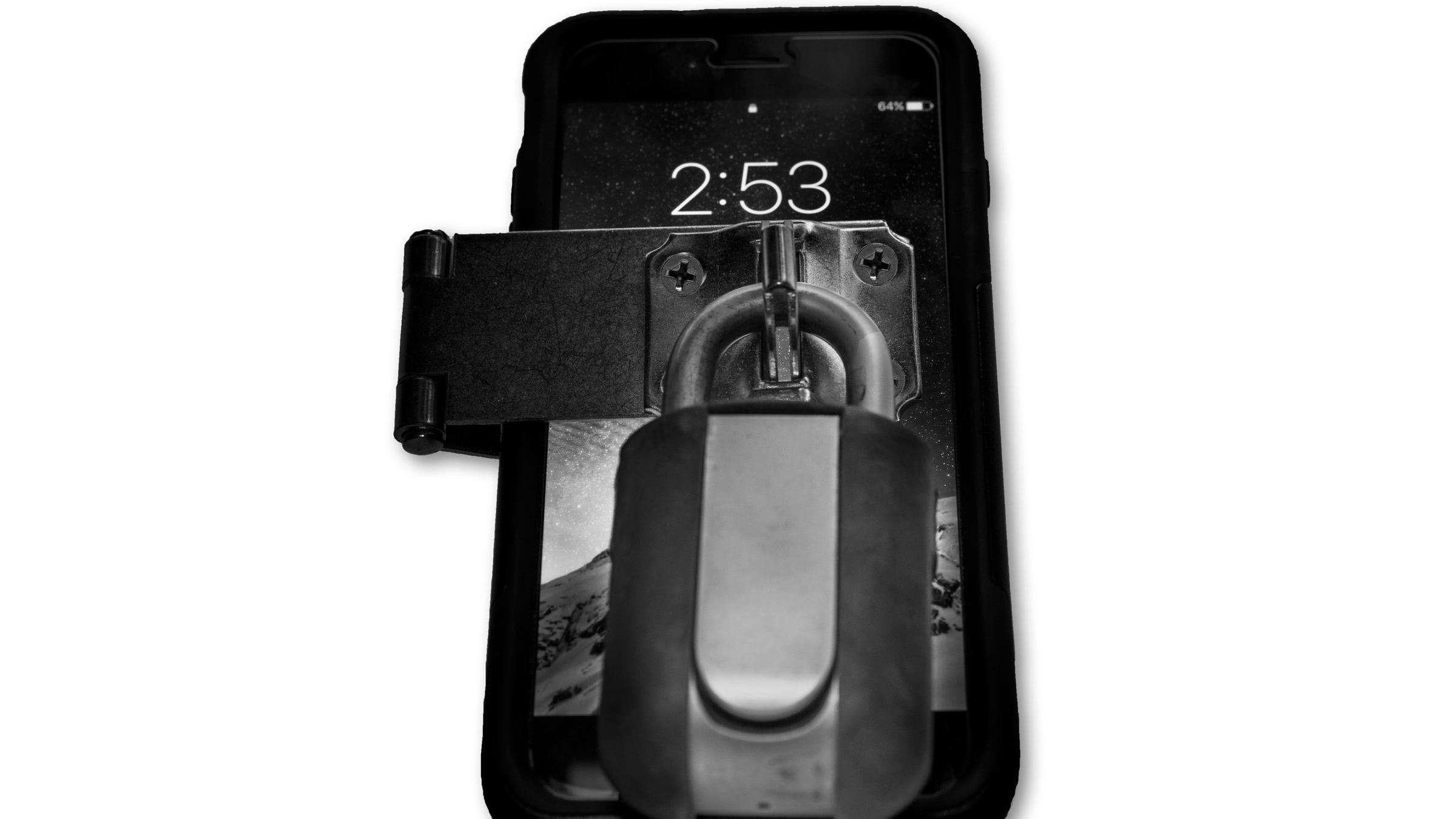 Smartphone secured with a physical padlock to represent mobile app security requirements