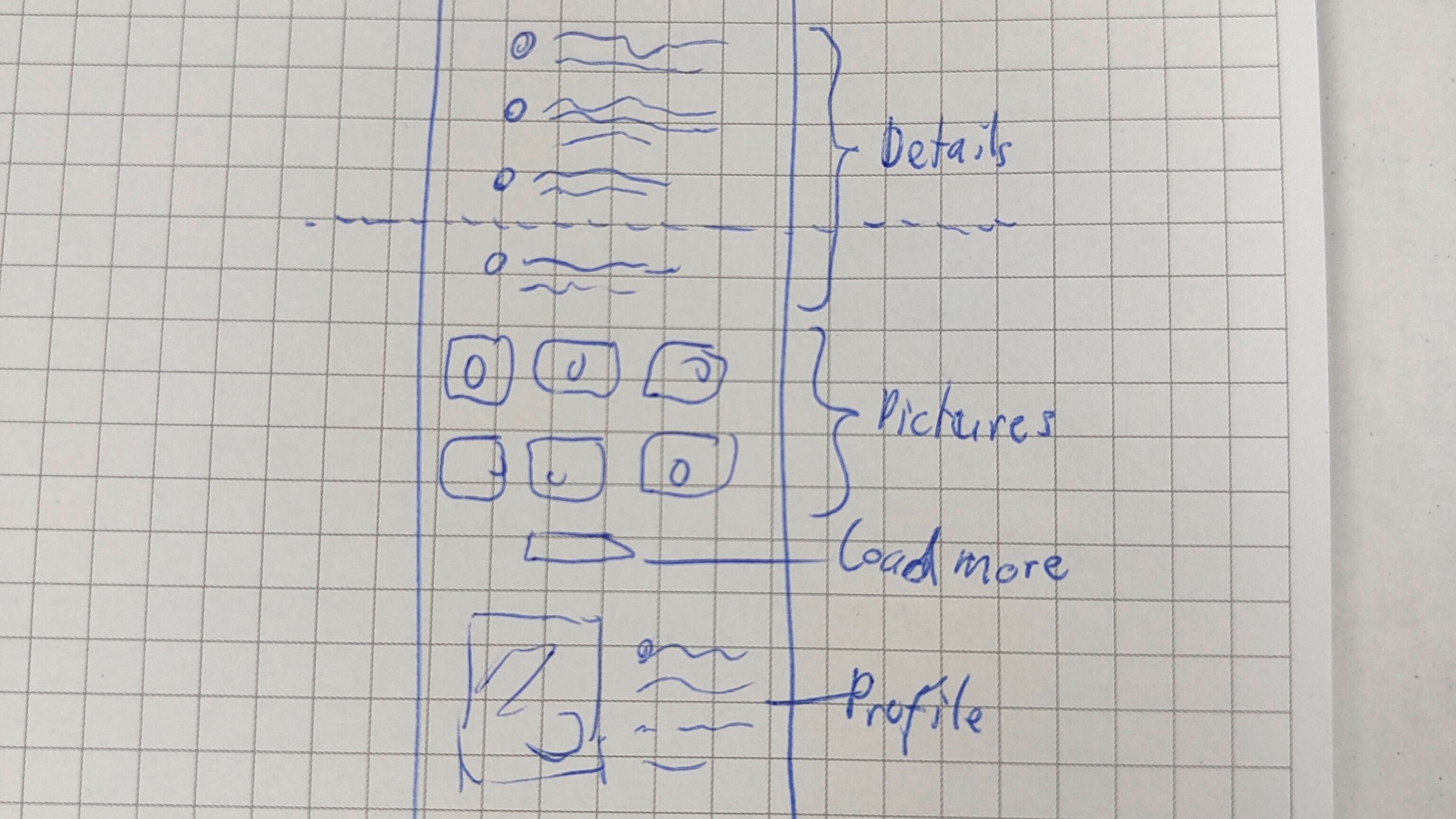 Hand-drawn mobile app interface sketch on graph paper