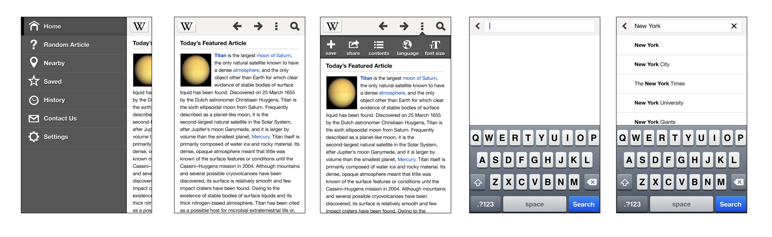 Five mobile application interface mockups showing different screen states