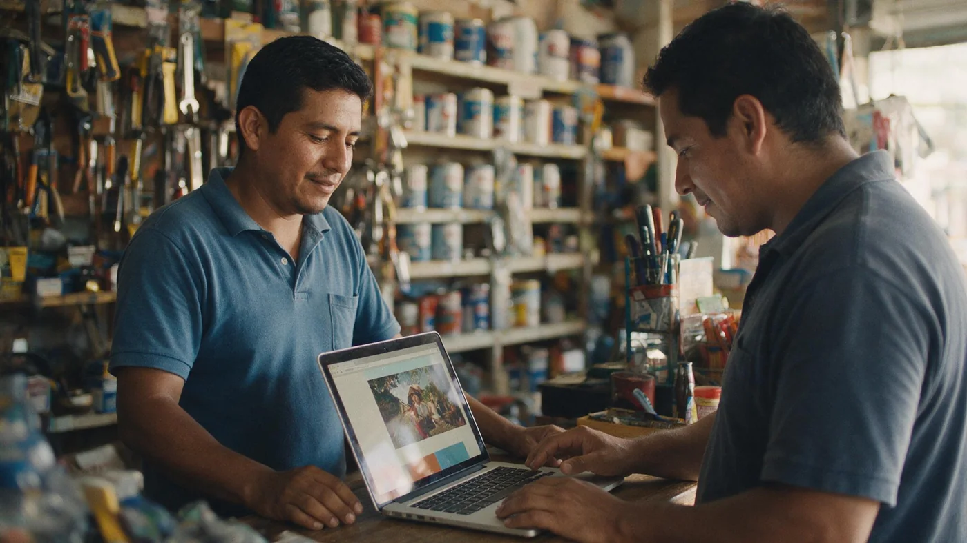 Un ferretero y un cliente revisando juntos el sitio del negocio en una laptop sobre el mostrador