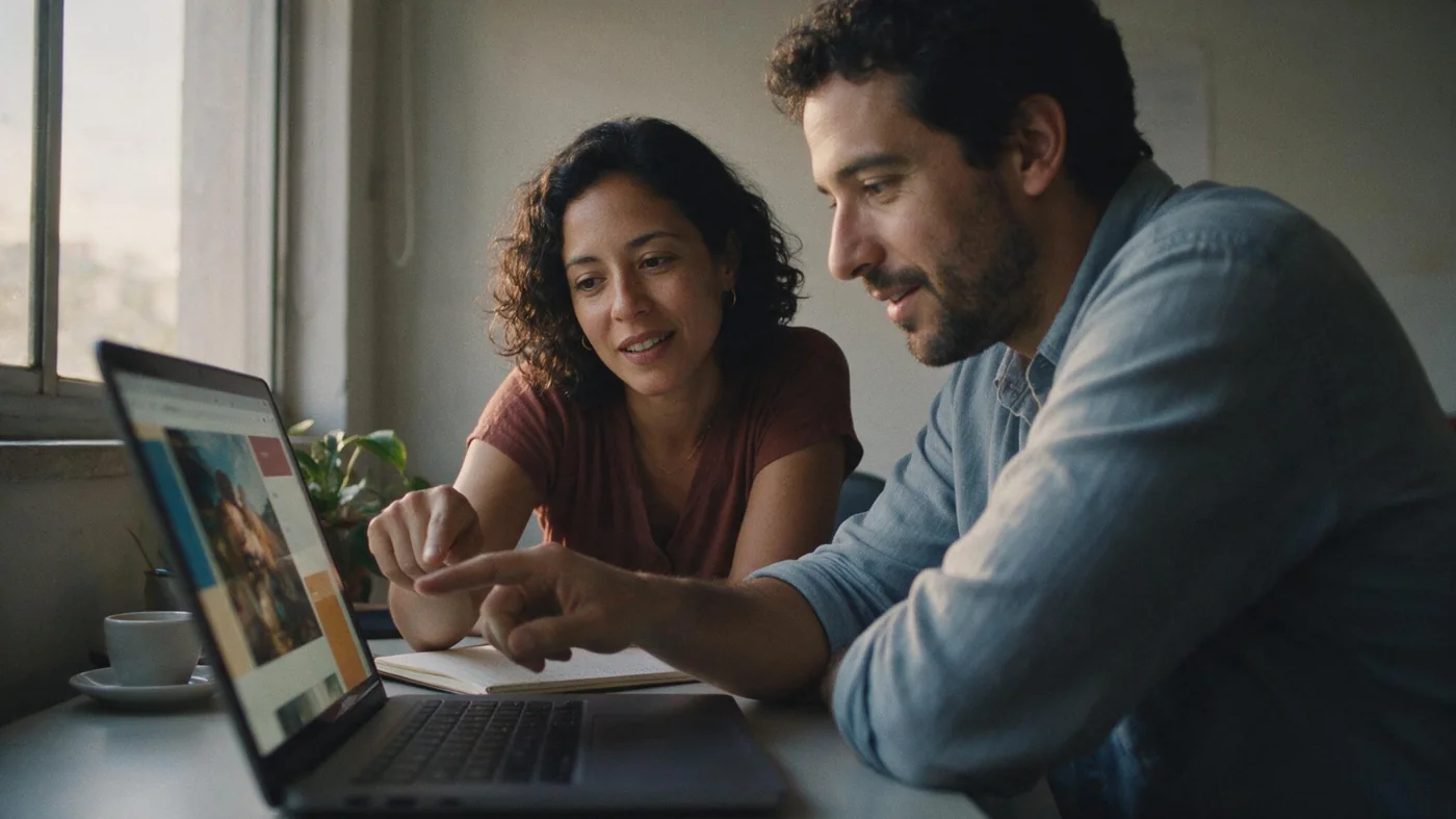 Dos personas revisando juntas el diseño de un sitio web en una laptop