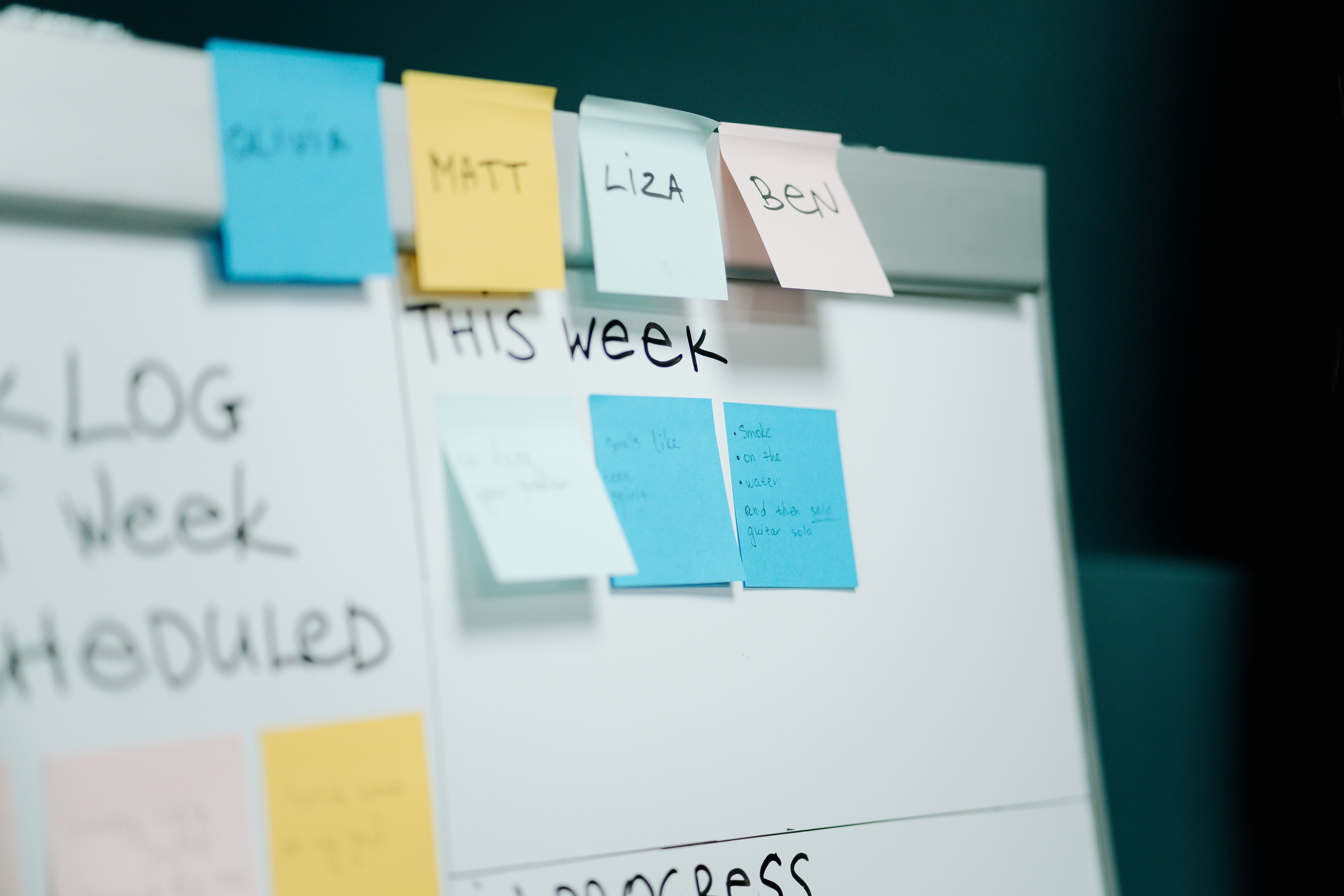 Website redesign project plan organized with sticky notes on a whiteboard